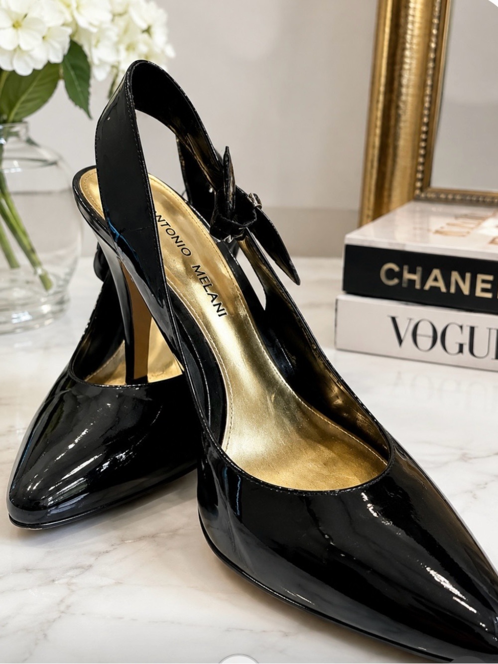 ANTONIO MELANI Black Patent Pointed Slingback Heels